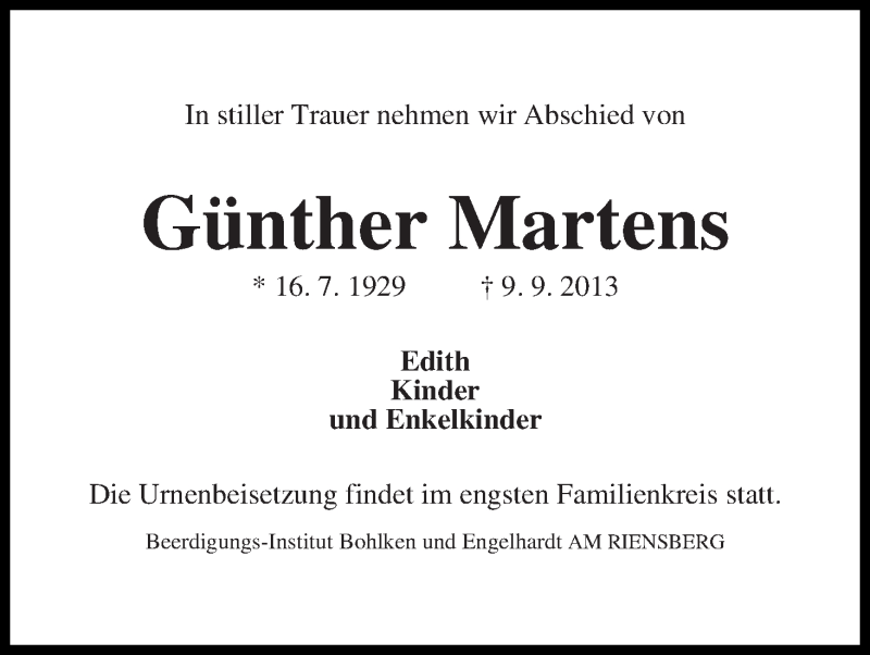 Traueranzeige von Günther Martens von WESER-KURIER