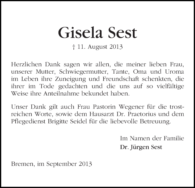 Traueranzeige von Gisela Sest von WESER-KURIER