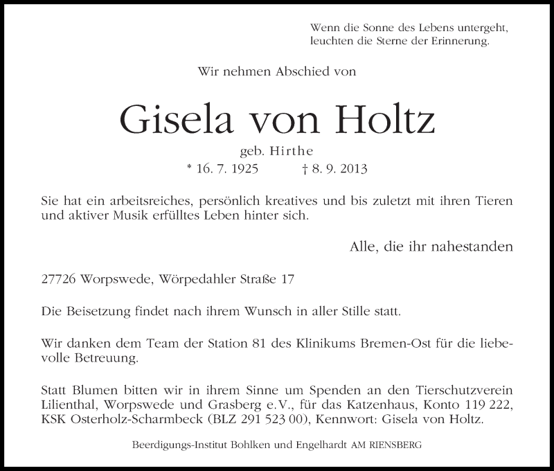 Traueranzeige von Gisela von Holtz von WESER-KURIER