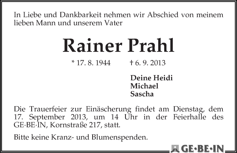 Traueranzeige von Rainer Prahl von WESER-KURIER