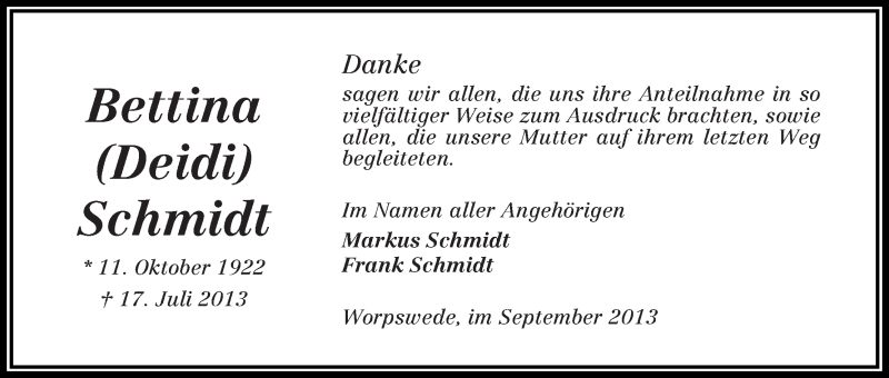 Traueranzeige von Bettina Schmidt von WESER-KURIER