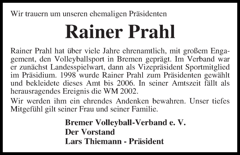 Traueranzeige von Rainer Prahl von WESER-KURIER