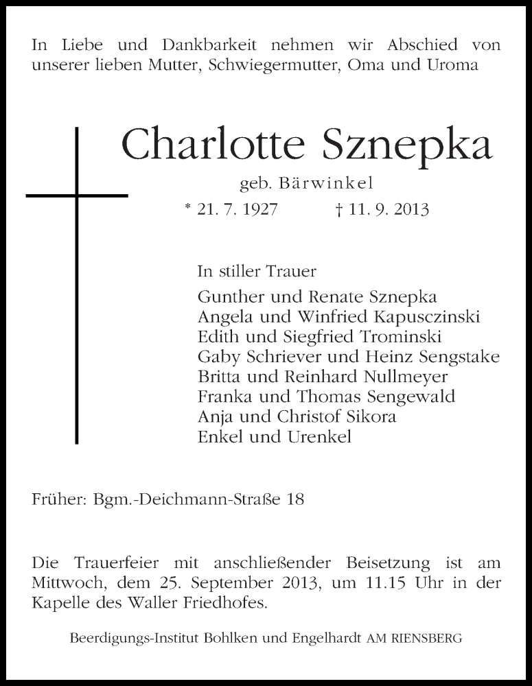 Traueranzeige von Charlotte Sznepka von WESER-KURIER