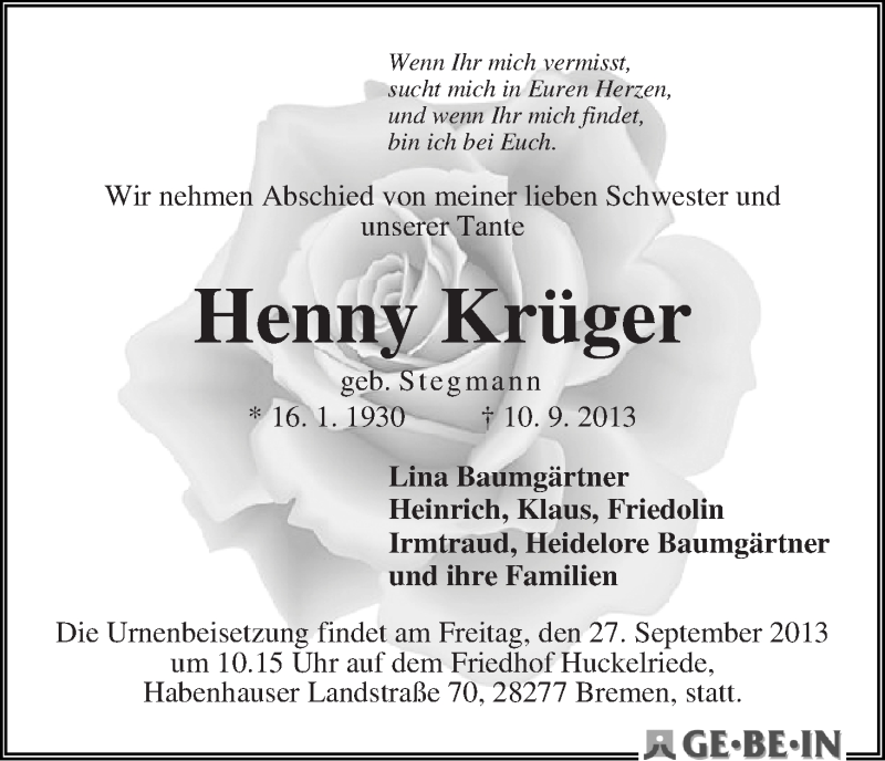 Traueranzeige von Henny Krüger von WESER-KURIER