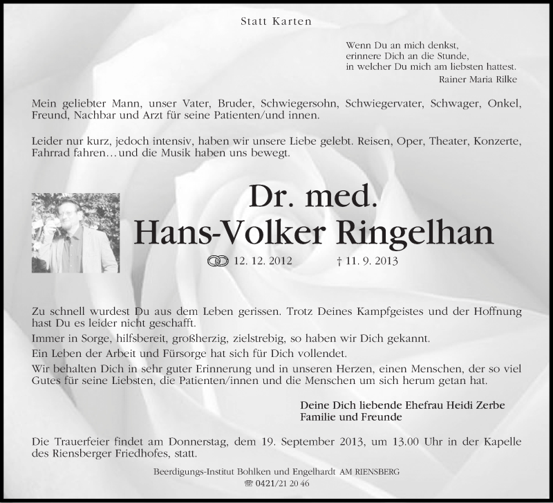 Traueranzeige von Hans-Volker Ringelhan von WESER-KURIER