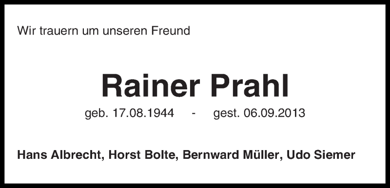 Traueranzeige von Rainer Prahl von WESER-KURIER
