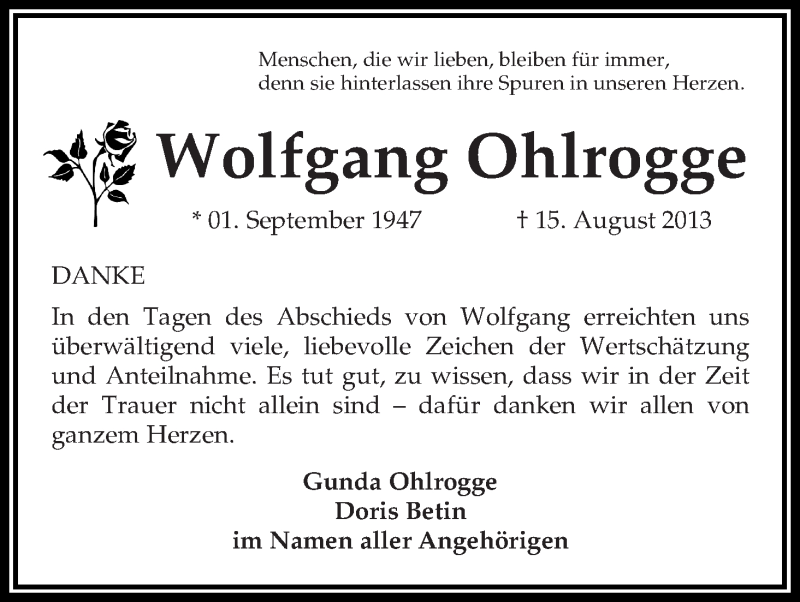 Traueranzeige von Wolfgang Ohlrogge von WESER-KURIER