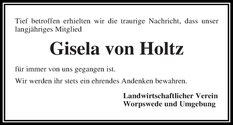 Traueranzeige von Gisela von Holtz von WESER-KURIER