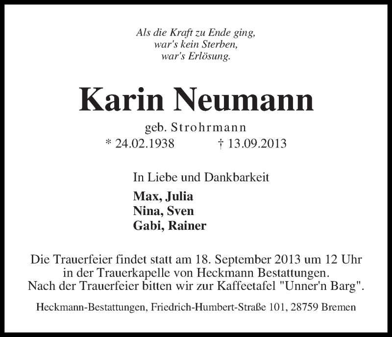 Traueranzeige von Karin Neumann von WESER-KURIER