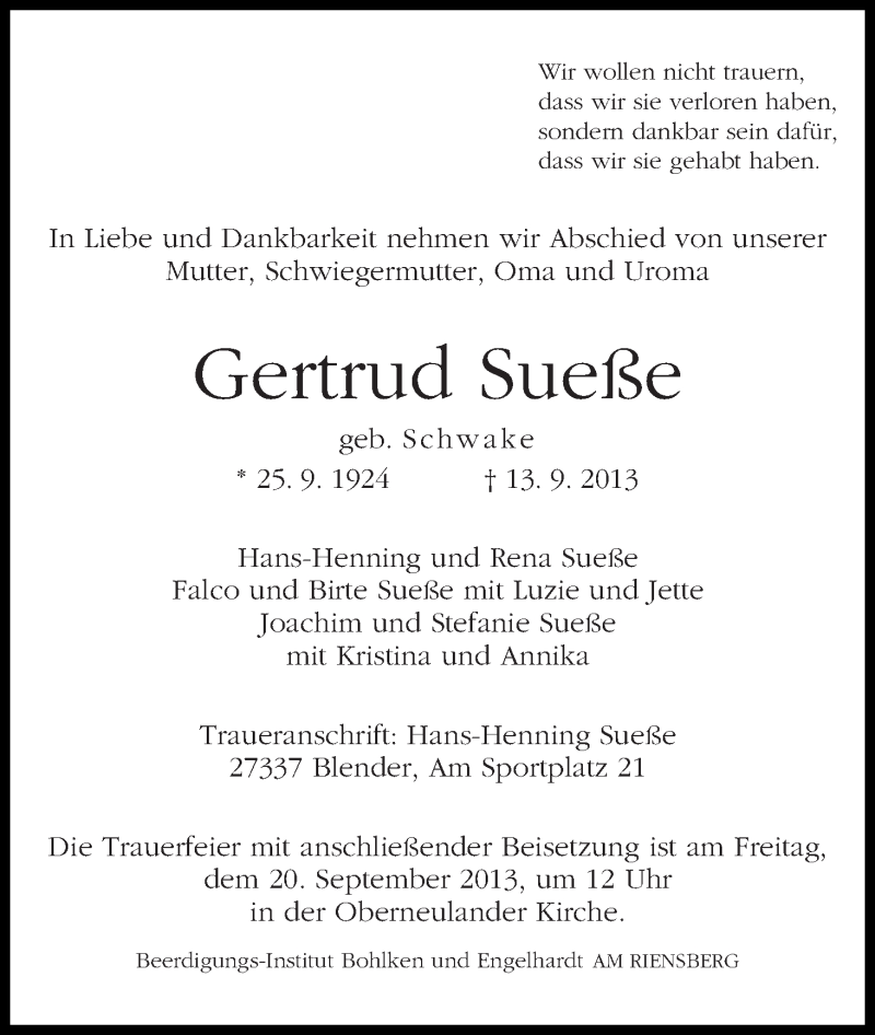 Traueranzeige von Gertrud Sueße von WESER-KURIER