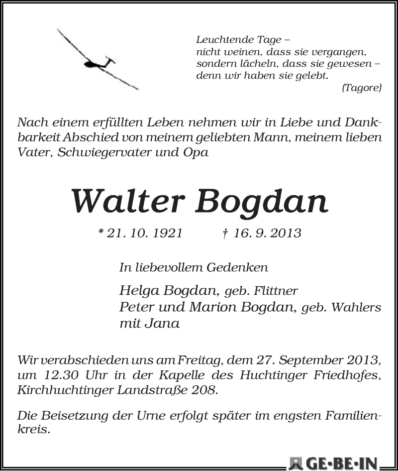 Traueranzeige von Walter Bogdan von WESER-KURIER