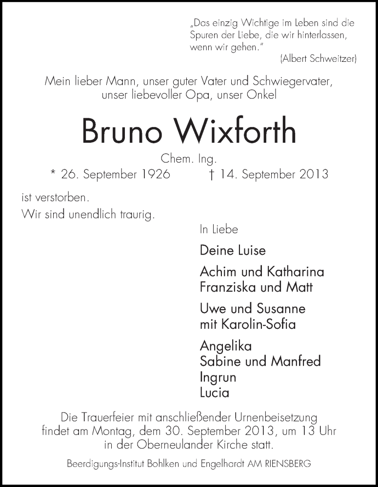 Traueranzeige von Bruno Wixforth von WESER-KURIER