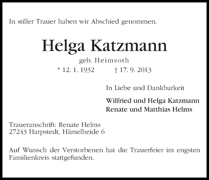 Traueranzeige von Helga Katzmann von WESER-KURIER