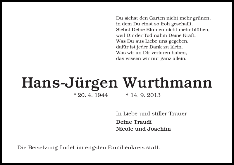 Traueranzeige von Hans-Jürgen Wurthmann von WESER-KURIER