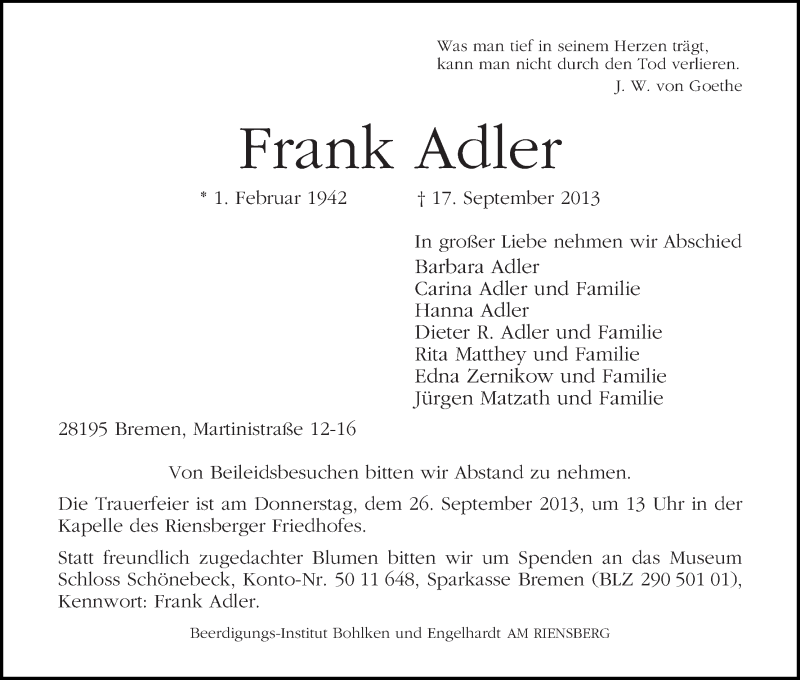 Traueranzeige von Frank Adler von WESER-KURIER