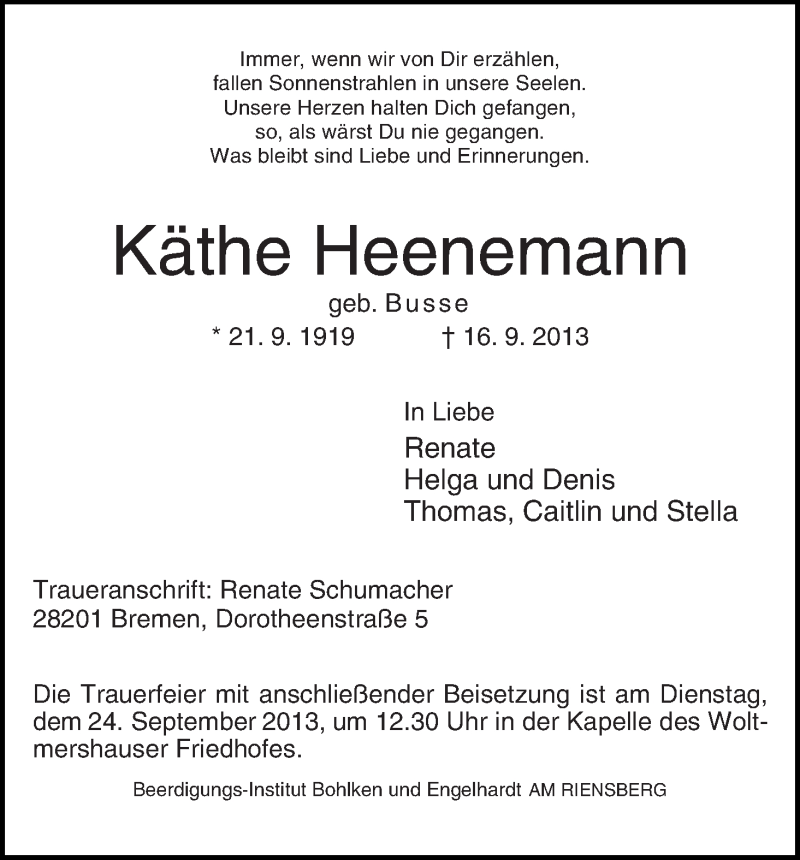 Traueranzeige von Käthe Heenemann von WESER-KURIER