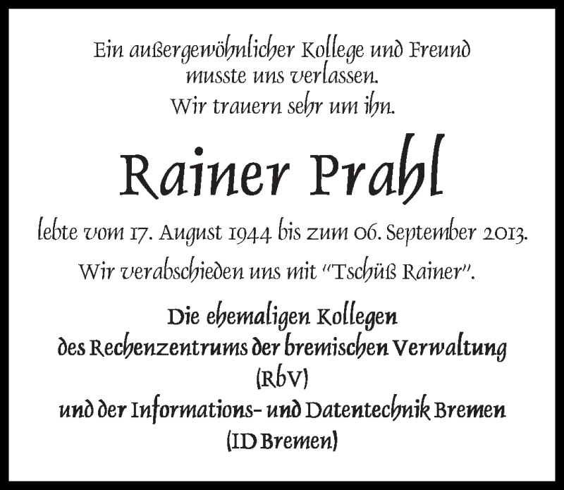 Traueranzeige von Rainer Prahl von WESER-KURIER