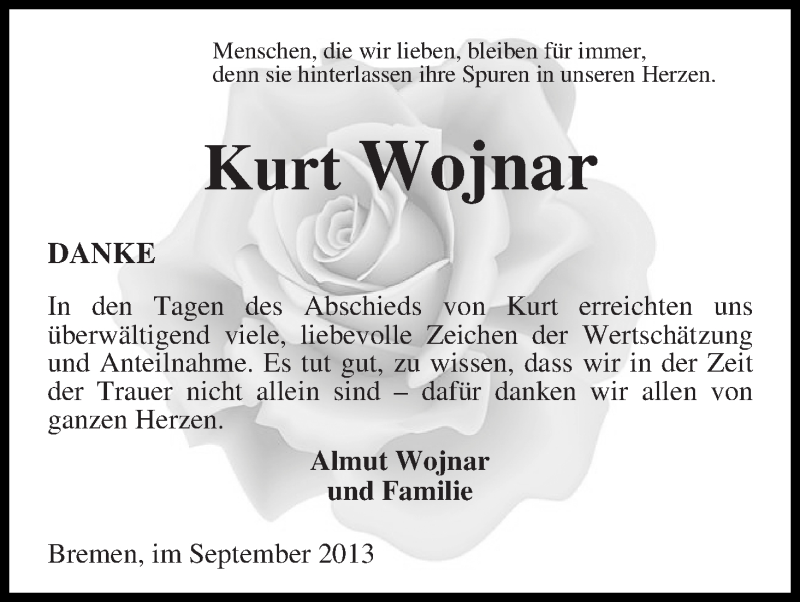 Traueranzeige von Kurt Wojnar von WESER-KURIER