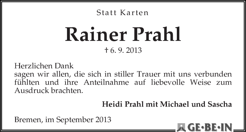 Traueranzeige von Rainer Prahl von WESER-KURIER