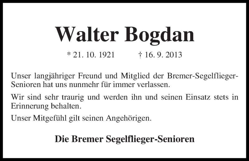Traueranzeige von Walter Bogdan von WESER-KURIER