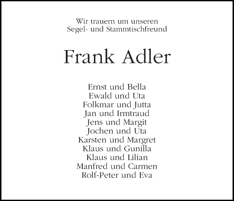 Traueranzeige von Frank Adler von WESER-KURIER