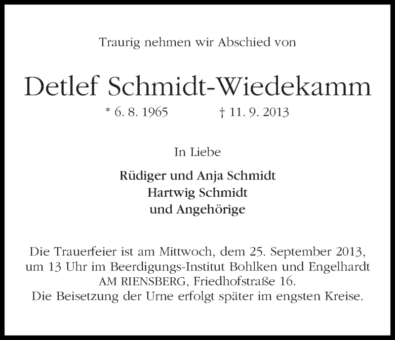 Traueranzeige von Detlef Schmidt-Wiedekamm von WESER-KURIER