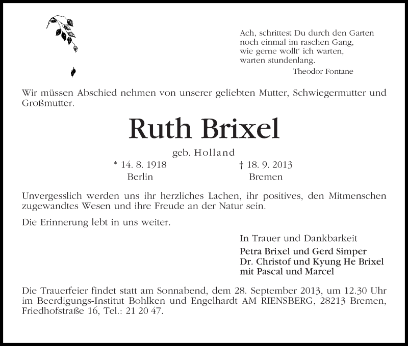 Traueranzeige von Ruth Brixel von WESER-KURIER