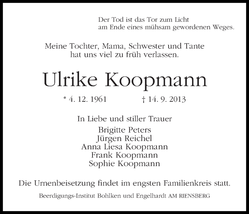 Traueranzeige von Ulrike Koopmann von WESER-KURIER