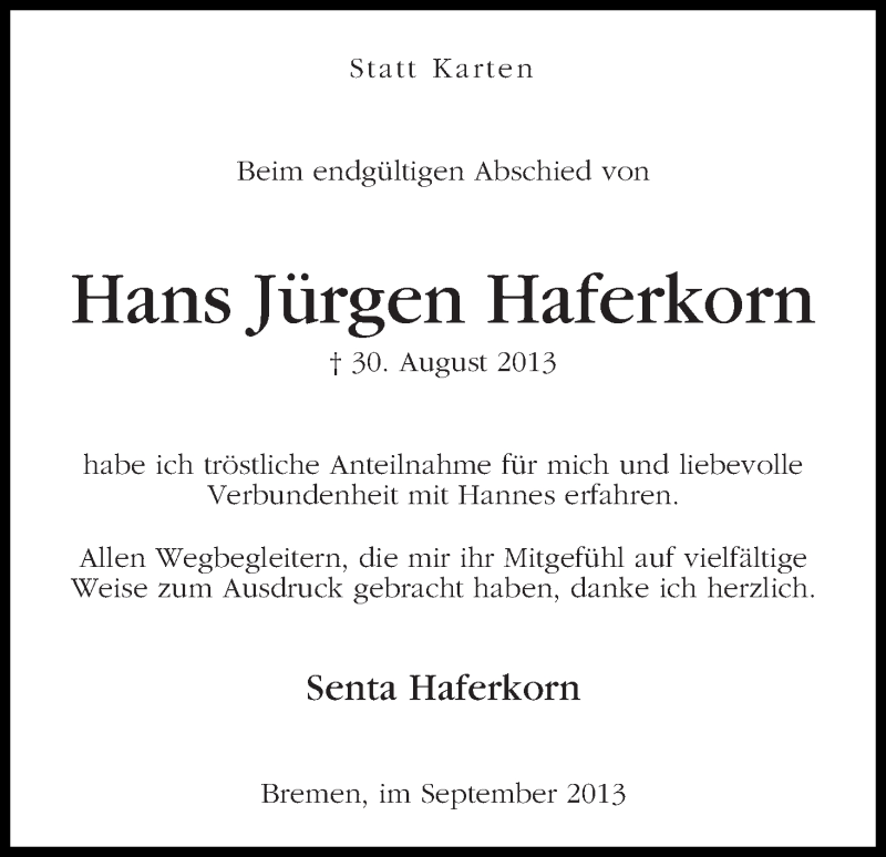 Traueranzeige von Hans Jürgen Haferkorn von WESER-KURIER