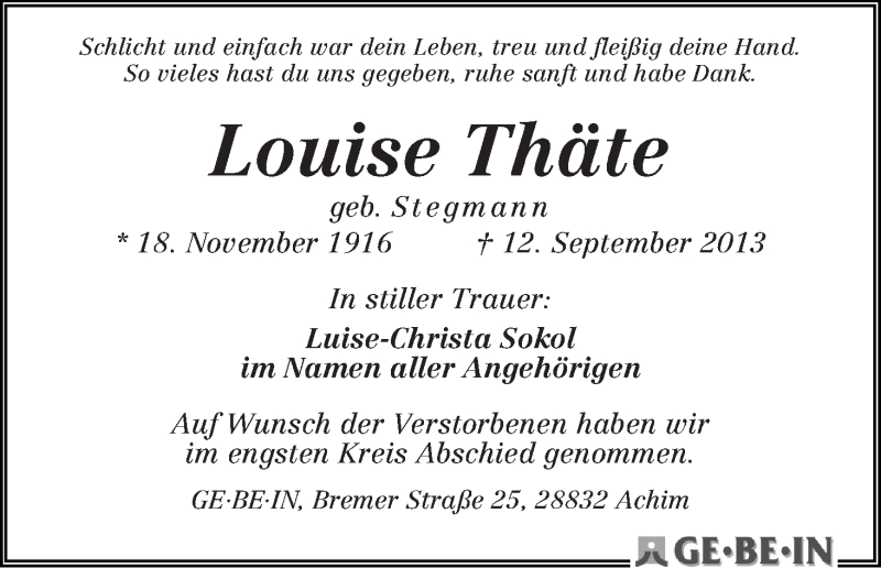 Traueranzeige von Louise Thäte von WESER-KURIER