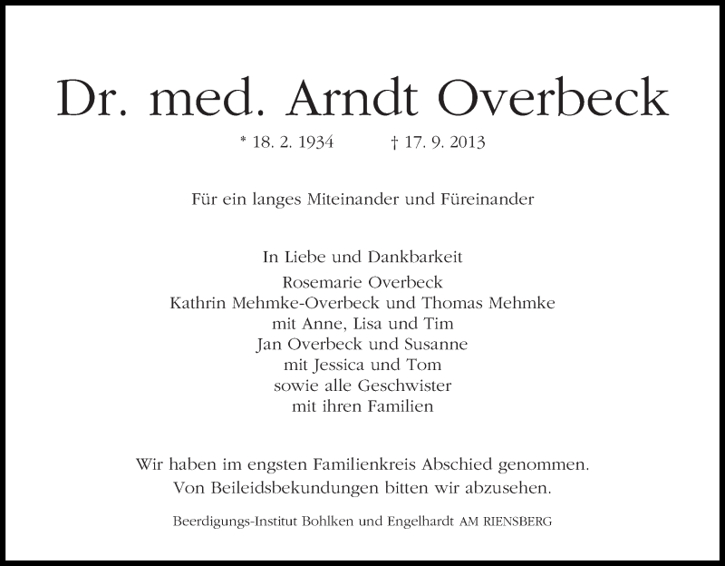 Traueranzeige von Arndt Overbeck von WESER-KURIER