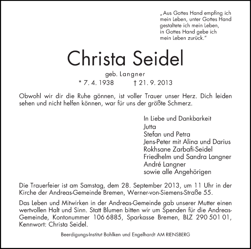 Traueranzeige von Christa Seidel von WESER-KURIER