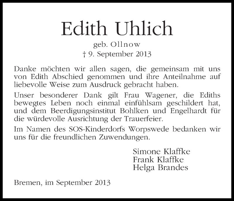 Traueranzeige von Edith Uhlich von WESER-KURIER