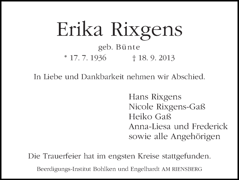 Traueranzeige von Erika Rixgens von WESER-KURIER