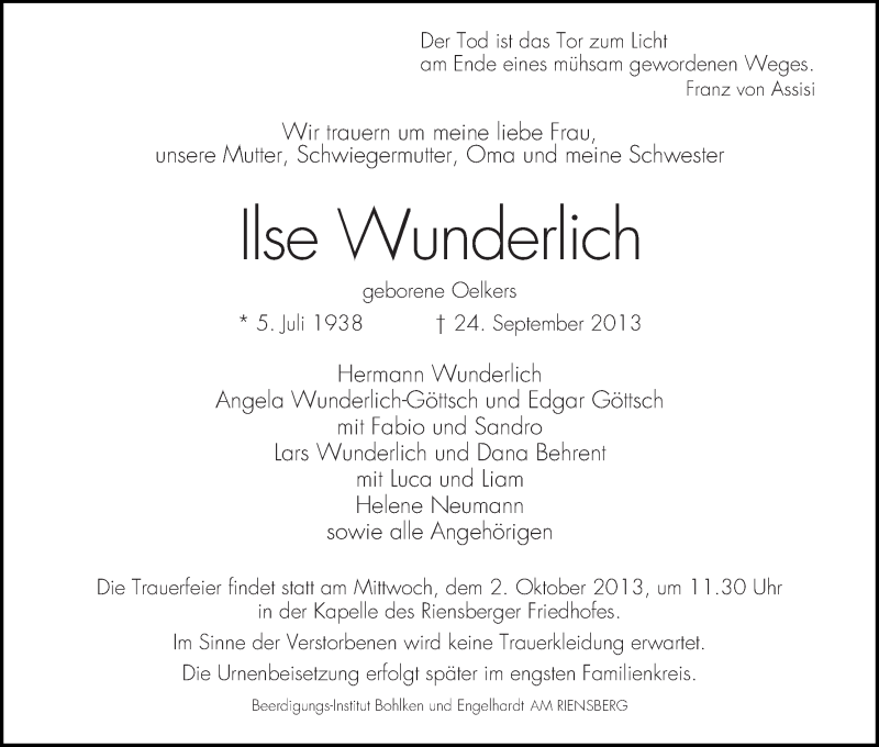 Traueranzeige von Ilse Wunderlich von WESER-KURIER