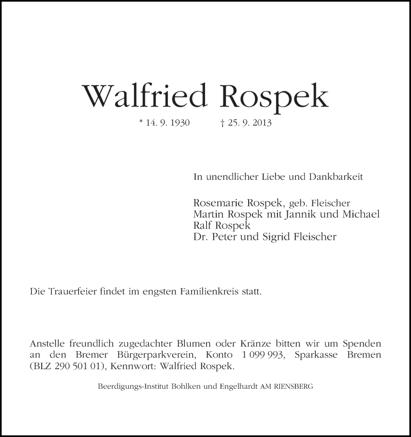 Traueranzeige von Walfried Rospek von WESER-KURIER