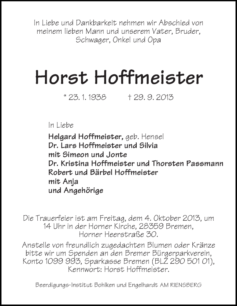 Traueranzeige von Horst Hoffmeister von WESER-KURIER