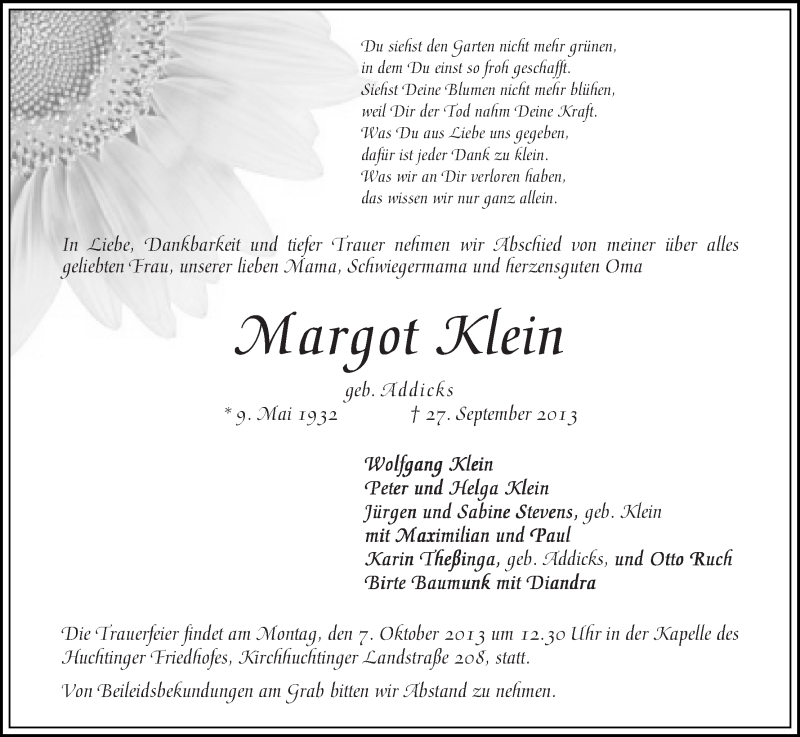 Traueranzeige von Margot Klein von WESER-KURIER
