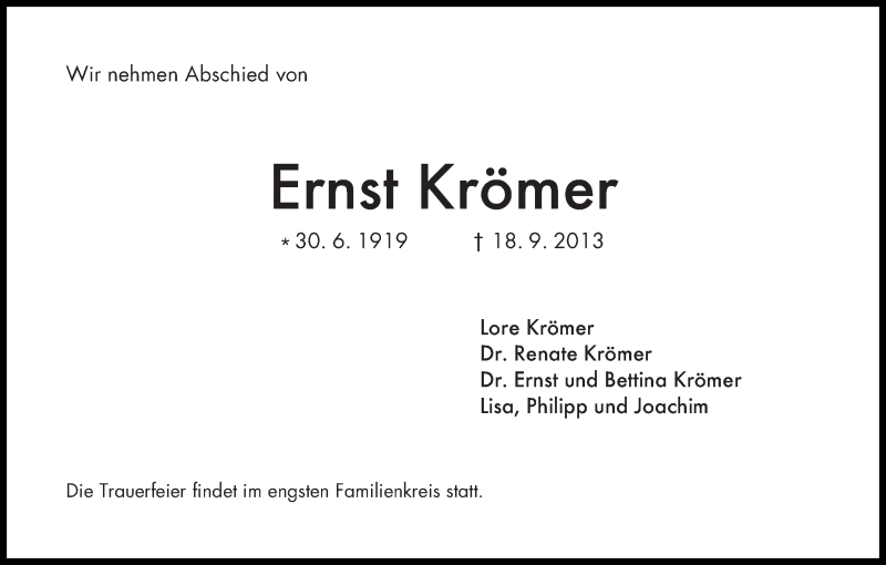 Traueranzeige von Ernst Krömer von WESER-KURIER