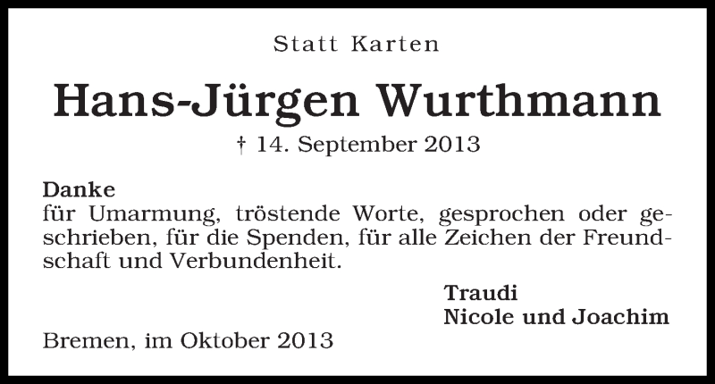 Traueranzeige von Hans-Jürgen Wurthmann von WESER-KURIER