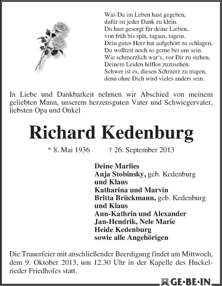 Traueranzeige von Richard Kedenburg von WESER-KURIER