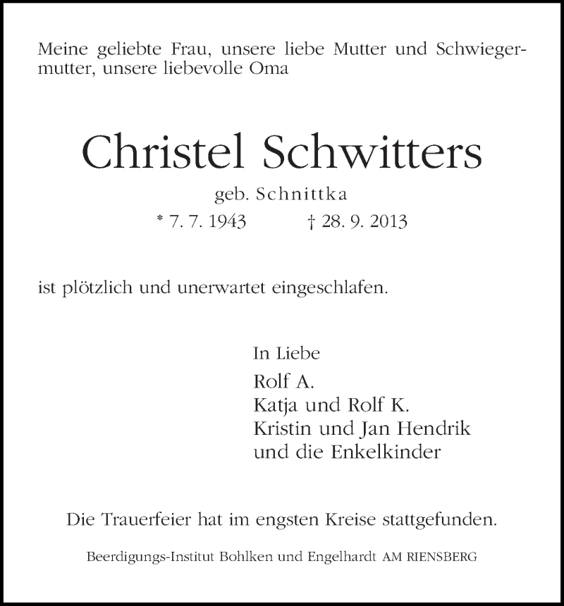 Traueranzeige von Christel Schwitters von WESER-KURIER