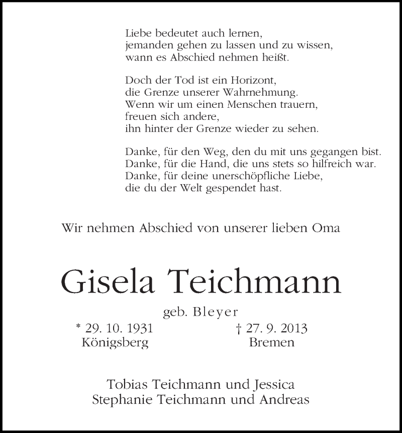 Traueranzeige von Gisela Teichmann von WESER-KURIER