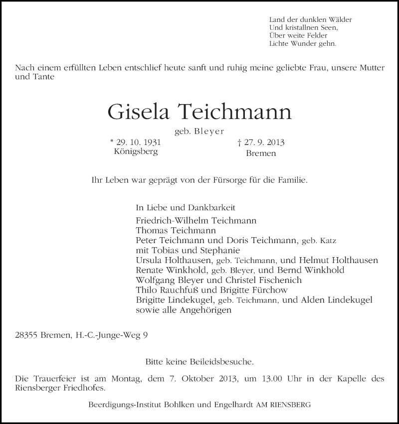 Traueranzeige von Gisela Teichmann von WESER-KURIER