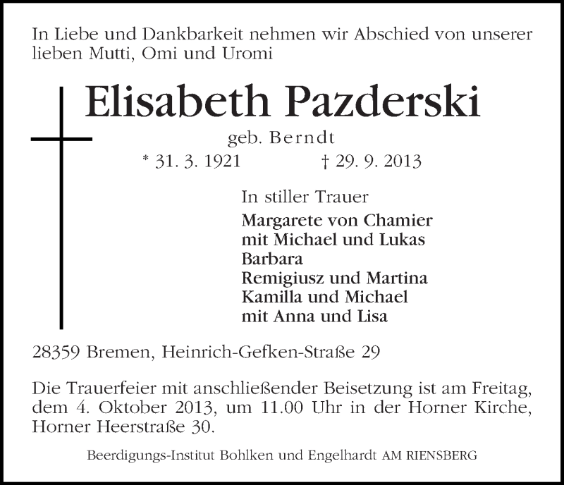Traueranzeige von Elisabeth Pazderski von WESER-KURIER