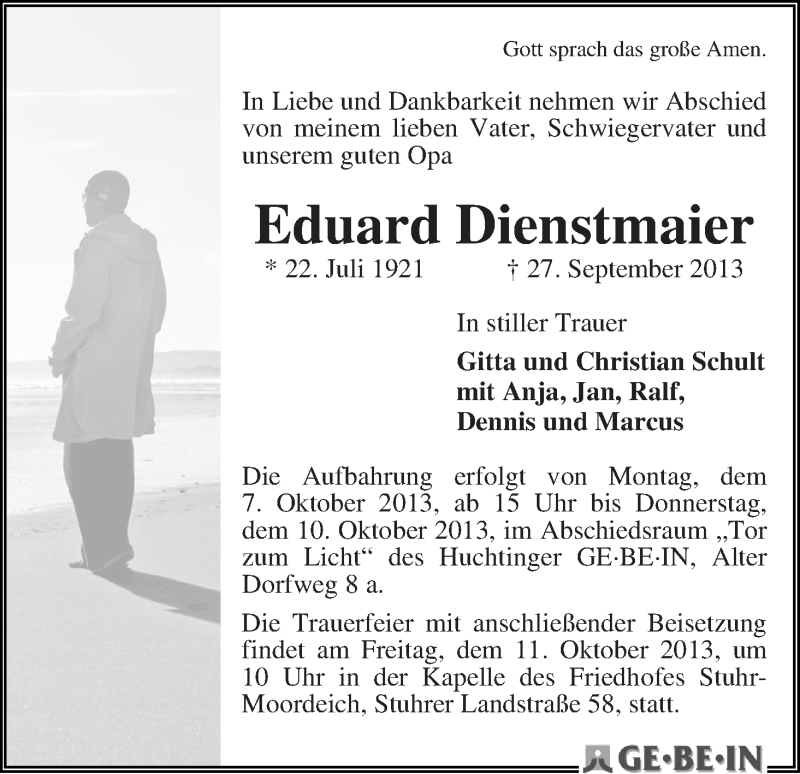 Traueranzeige von Eduard Dienstmaier von WESER-KURIER
