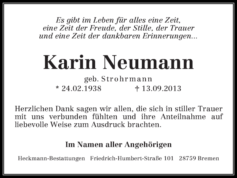 Traueranzeige von Karin Neumann von WESER-KURIER