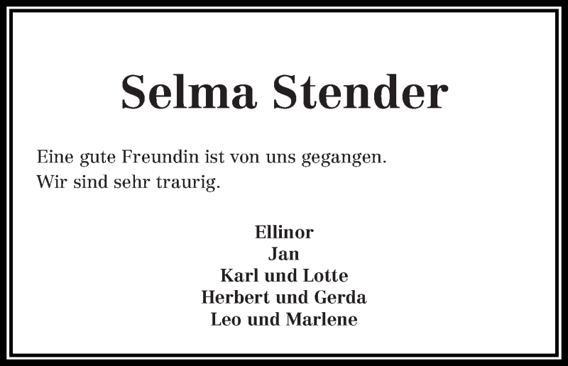 Traueranzeige von Selma Stender von WESER-KURIER
