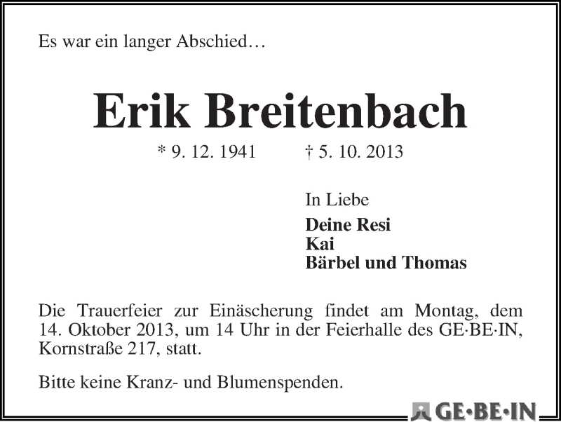 Traueranzeige von Erik Breitenbach von WESER-KURIER