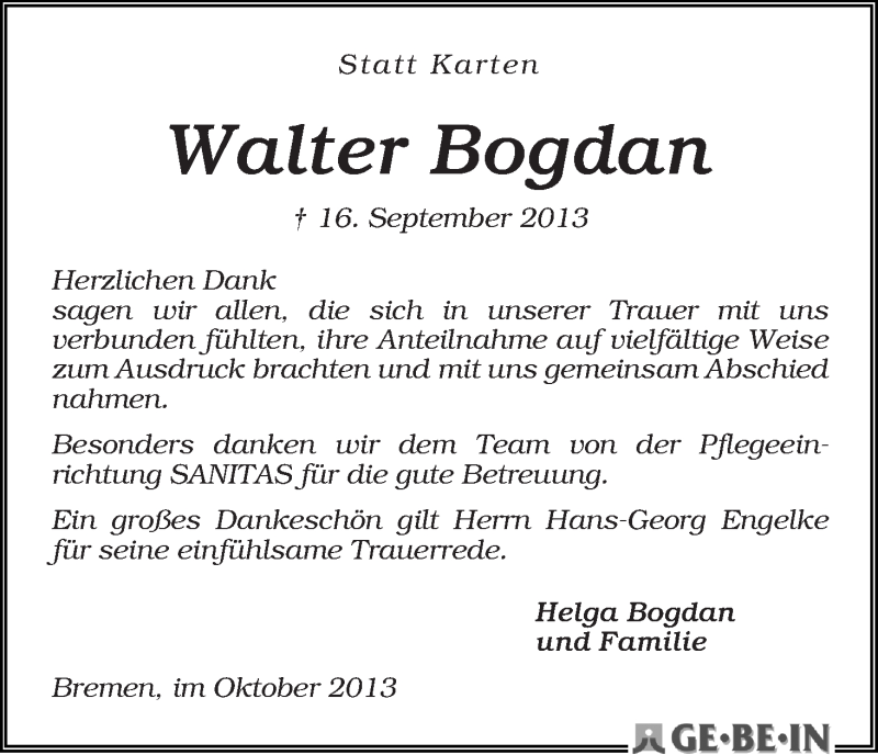 Traueranzeige von Walter Bogdan von WESER-KURIER